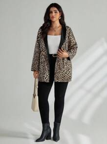 SHEIN Tall CURVE Jachetă cu glugă reversibilă cu imprimeu leopard, mărime plus, pentru femei, toamnă - Negru - Vizualizare 4