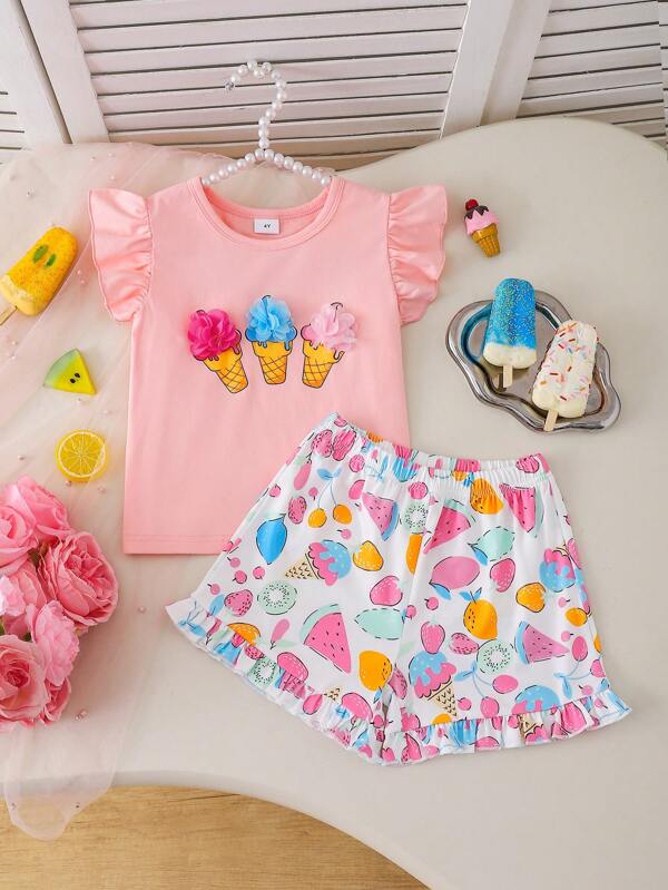 Set casual de 2 piezas para niñas pequeñas de 4 a 7 años, que incluye: 1 pieza de blusa de punto rosa con decoración de helado y volantes, y 1 pieza de pantalones cortos con cintura elástica y estampado de helado con volantes, adecuado para usar de forma casual y en exteriores en primavera/verano