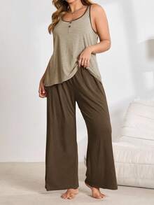 Knitted Casual Contrast Color Pajama Set (Top And Pants) - Apricot - View 6