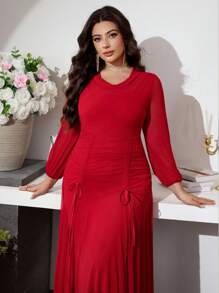 Modelyn Vestido elegante de diseño con cintura plisada de malla de punto para mujer de talla grande - Rojo - Ver 4