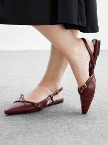 CUCCOO BIZCHIC Women's Pointed Toe Wine Red Strap Buckle Backstrap Flat Shoes, Fashionable & Elegant For Work, Comfortable Mule Shoes For Christmas Spring Shoes - Burgundy - View 3