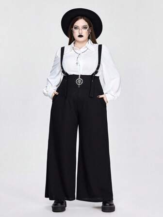 Goth Plus Size Women Gothic Elegant Commuter Wide Leg Jumpsuit With Pockets, Suitable For All Seasons, Fall Back To School