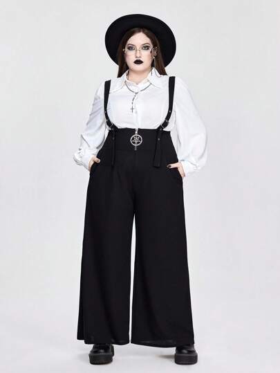 Goth Plus Size Women Gothic Elegant Commuter Wide Leg Jumpsuit With Pockets, Suitable For All Seasons, Fall Back To School, Halloween