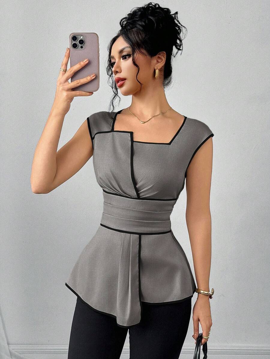 SHEIN Clasi 女士时尚不对称下摆短袖衬衫 - 灰色 - 查看 1