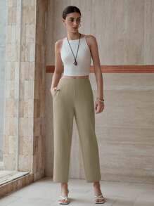 MOTF PREMIUM 斜口袋压褶裤 - 卡其色 - 查看 4