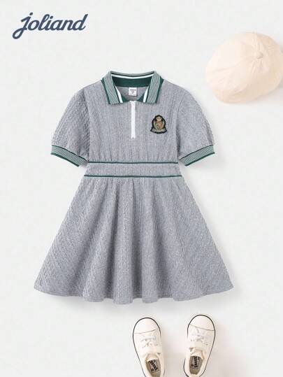 Joliand 1pc Young Girls Elegant School Style Grey Striped Polo Collar Short Sleeve Grey Ribbed Knit Dress, Suitable For Casual, Urban, Sports, Back-To-School, Summer & Autumn Girls Collared Dress Polo Dress Kids Toddler Girl School Uniform Stitch Dress Kids