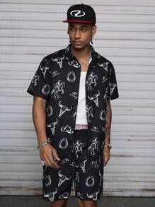 AXEPEAK Herren Set aus Hemd mit Ochsenmuster und Shorts - Schwarz - Übersicht 3
