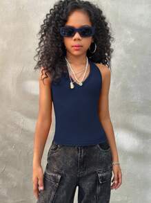 Coolane Kids Tween Girls Fall/Summer Streetwear V-Neck Solid Color Backless Vacation Tank Top For Girl, Can Be Worn As A Neck Hanging - Royal Blue - View 2