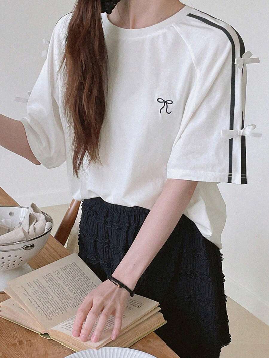 DAZY Women Ribbon Bow Embroidery Loose Short Sleeve T-Shirt Oversized T-Shirt - White - View 1