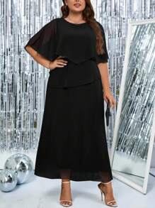 Gownix 女式加大码宽松撞色网眼后背拉链休闲连衣裙 - 黑色 - 查看 3