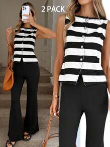 Easowa Black & White Striped Knit Vest Top And Black Skinny Flare Pants Women 2 Pieces Casual Suit Back To School Clothes Teacher Outfits Business Professional Women Leggings Set Flare Leggings Button Up Shirt Set Work Clothes Women Summer 2 Pieces Sets 2 Pieces Casual Sets Woman Striped Two Pieces Set Black And White Striped Top Black Flare Pants - Black and White - View 2