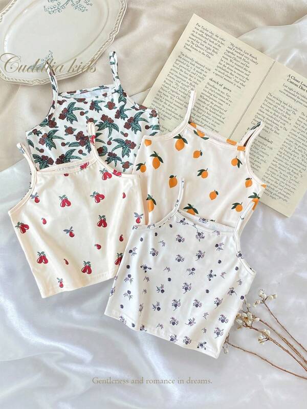 Set de 4 piezas de camisolas/chalecos de ropa interior con estampado de flores y frutas para niñas de moda