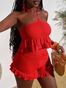 Slaydiva 2025 新款春夏大码女装复古西部/热带/音乐节/俱乐部/公路旅行/休闲/城市度假/毕业约会/优雅度假 2 件套：纹理露背系带荷叶边短款上衣和配套荷叶边下摆短裤 - 紅色 - 查看 5