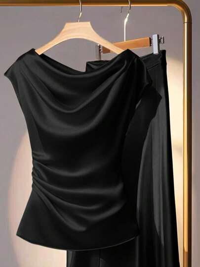 Franclia 女式纯色黑色荷叶边领时尚优雅衬衫