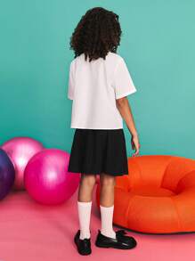 SHEIN Tween Girl Loose Casual Minimalist Collared Pocket Decor Shirt & Pleated Skirt Set,Black And White Summer School Back-To-School Season Girls Clothes - Black and White - View 2