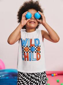 SHEIN Young Boy Summer Casual Minimalist Comfortable Round Neck Sleeveless Colorful Letter Print Tank Top And Shorts Set Kid Graphic Tees,Back To School - White - View 2