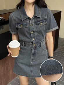 DAZY 女士牛仔短袖连衣裙，休闲时尚，适合日常穿着