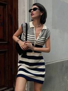 DAZY Women Sleeveless Striped Polo Collar Short Sweater Dress - Black - View 7