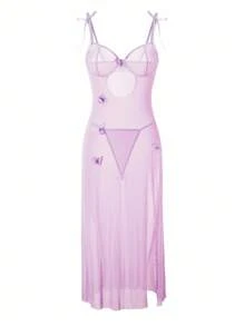 SHEIN Đầm nữ họa tiết bướm chắp vá thời trang gợi cảm - Màu tím - Xem 3