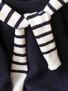 Girls' Chunky Knit Round Neck Collegiate Poncho Sweater, Fashionable & Elegant Pullover Top, Classic Versatile Layering Piece For Back To School, Autumn/Winter Fall