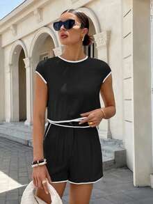 Siren Gaze Women's Summer Solid Color Contrast Trim Shorts Set, Linen Ladies 2 Pieces Outfit Black Black