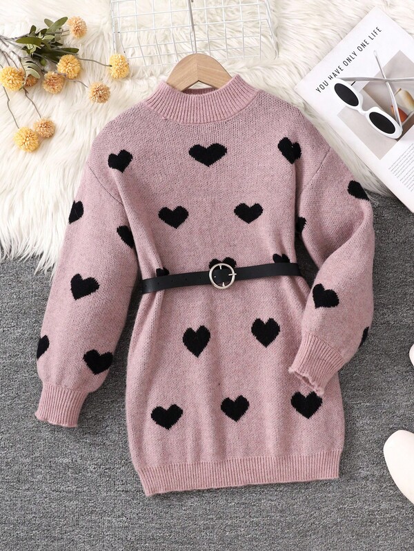 SHEIN Vestido suéter casual solto para meninas pré-adolescentes, manga comprida, gola redonda, vestido suéter para meninas, vestido suéter rosa, vestido suéter com coração, vestido suéter para meninas pré-adolescentes, outono/inverno