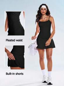 Gameset SHEIN Sport 女士时尚优雅细肩带腰部褶饰修身自然喇叭迷你连衣裙，适合搭配紧身裤