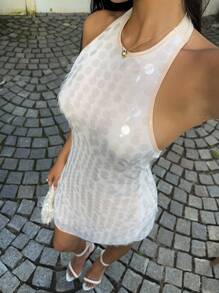 SHEIN Frenchy 女式纯色亮片时尚挂脖迷你连衣裙 - 杏色 - 查看 3