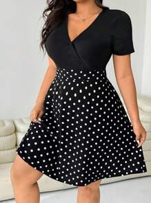 Solflare Plus Size Polka Dot Patchwork Casual Vacation Dress, Spring/Summer,Back To School,Teacher Outfits,Polka Dot Black And White Polka Dot Dress Plus Size Black And White Dress Women Black And White Dress,Holiday Outfits For Women Plus Size Black And White Polka Dot Dress,Short Sleeve Wrap A-Line Black And White Polka Dot Dress For Women