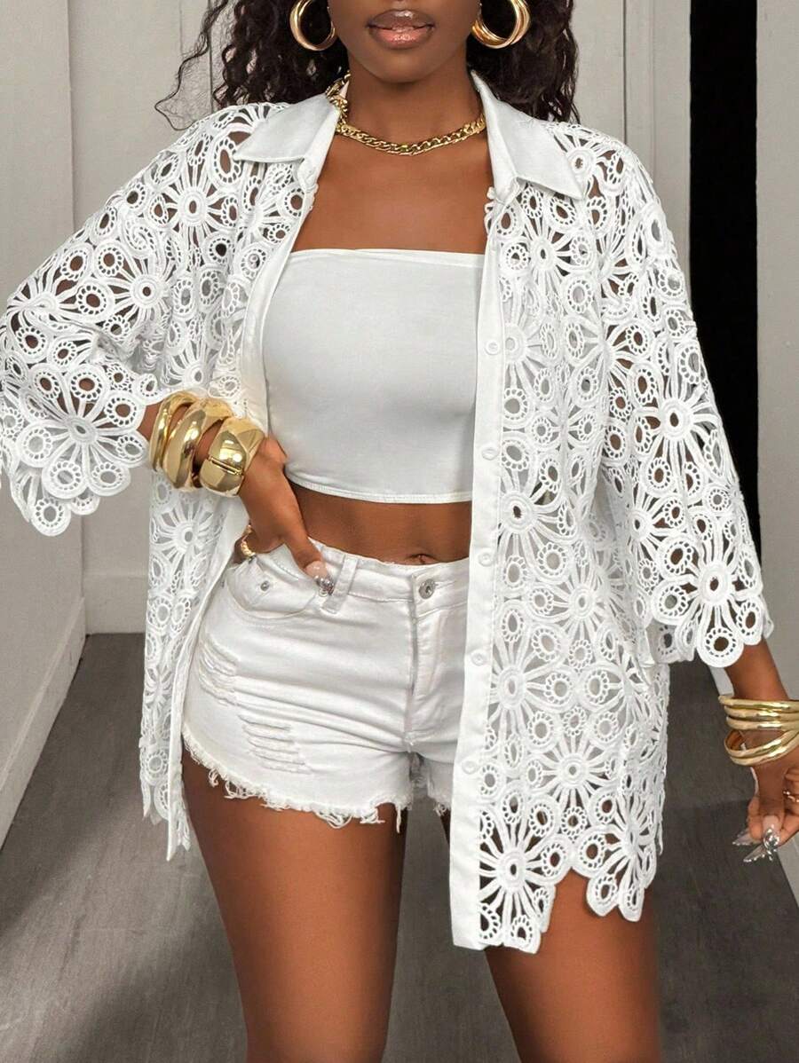 BamGleam Áo sơ mi trắng thường ngày họa tiết hoa rỗng - trắng - Xem 1