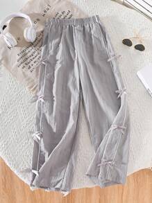 Girls' Casual Loose Straight Leg Drawstring Waist Sports Pants With 3D Bow Decor, Suitable For Hiking - Grey - View 5