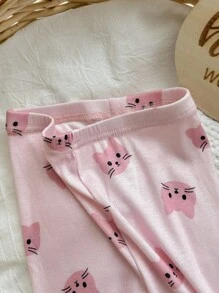 4pcs/Set Baby Girl Cute Heart & Kitty Pattern Ruffle Trim Crew Neck Long Sleeve Shirt And Pants Comfy Loungewear Set, For Christmas Print - Baby Pink - View 6