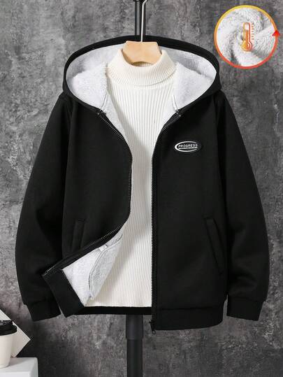 SHEIN 青少年男童休闲日常百搭舒适毛绒衬里宽松厚针织连帽夹克