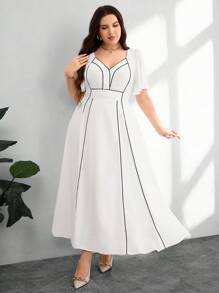 Modelyn Plus Size Women V-Neck Ruffle Sleeve Cinched Waist A-Line Dress - White - View 3