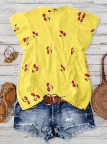 SHEIN Clasi Blusa de manga fluida con cuello y estampado de cerezas casual para uso diario y vacaciones para mujer