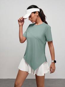 SHEIN Sports Damen T-Shirt mit einfarbigem rundem Kragen, kurzen Ärmeln und asymmetrischem Saum für den Outdoor-Bereich