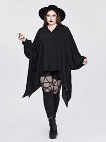Goth 大码女式哥特式不对称下摆蝙蝠袖宽松衬衫，万圣节 - 黑色 - 查看 1