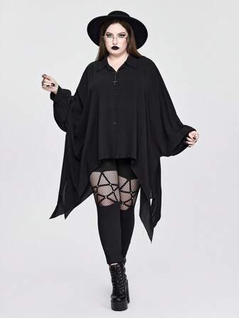 Plus Size Women Gothic Asymmetrical Hem Batwing Sleeve Loose Shirt, Halloween