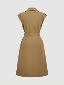 SHEIN MOD 深卡其色休闲日常双排扣背心配腰带风衣，女式风衣，卡其色女式，无袖风衣，秋季女式，乡村音乐会，狂欢，万圣节服装，西部，哥特，波西米亚风，秋冬，女士早午餐 - 卡其色 - 查看 2