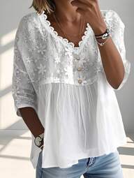 INAWLY Camisa holgada casual de mujer elegante para vacaciones con escote en V, parches de encaje y bordado