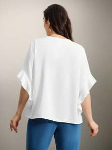 Camisa de talla grande de unicolor con cuello hueco y mangas con volantes - Blanco - Ver 2