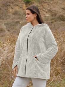 EURMUSE 休闲纯黑色泰迪毛皮拉链连帽夹克