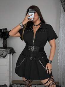 SHEIN Whyspr 大码深色款式褶边连衣裙