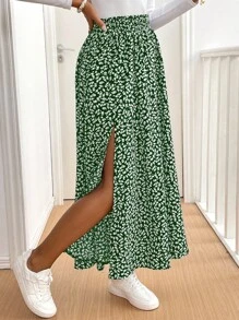 SHEIN Tall CURVE 大码休闲迷你碎花高开叉半身裙，适合度假穿着 - 綠色 - 查看 3