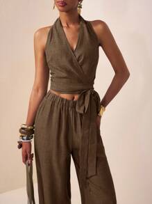 Zivah 2025 夏季新款音乐节复活节母亲节婚礼季婚礼嘉宾生日派对日常休闲度假邮轮旅行海滩日光浴病毒式优雅通勤商务休闲挂脖露背修身衬衫和阔腿裤带口袋军绿色两件套女装 - 棕色 - 查看 8