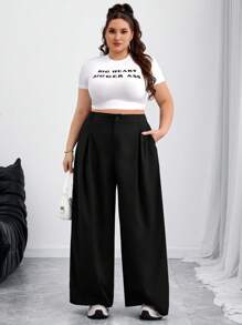 SHEIN CURVE+ Curve 大码/秋装/秋季女装/女冬装/冬装大码女式纯色纽扣休闲阔腿裤西装裤，女秋装女秋装，冬季，CURVE PLUS - 黑色 - 查看 7