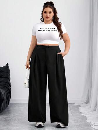 SHEIN CURVE+ Curve 大码/秋装/秋季女装/女冬装/冬装大码女式纯色纽扣休闲阔腿裤西装裤，女秋装女秋装，冬季，CURVE PLUS