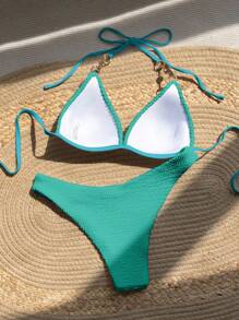 SHEIN Swim 纯色吊带项链装饰露背比基尼泳装 - 綠色 - 查看 2