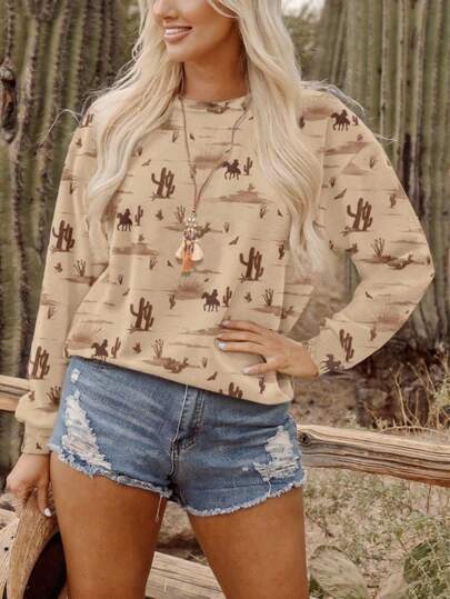 INAWLY Sudadera acolchada tipo pullover de cuello redondo casual color beige con estampado de cactus, estilo vaquero occidental nostálgico de desierto, para otoño e invierno, camping y vacaciones