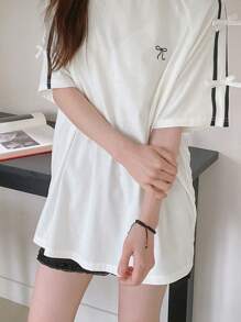 DAZY Women Ribbon Bow Embroidery Loose Short Sleeve T-Shirt Oversized T-Shirt - White - View 3